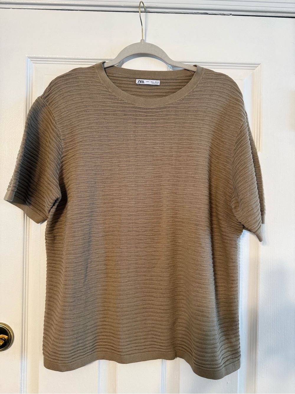 Zara Ribbed Short Sleeve Top in Khaki Brown